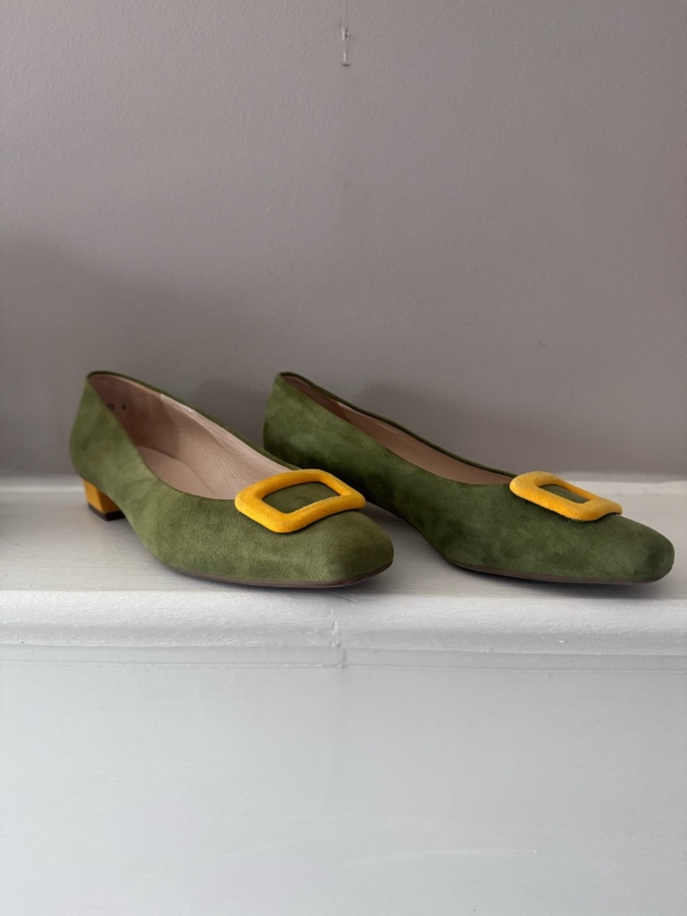 Peter Kaiser Olive Suede Flats with Yellow Buckle Detail size 7.5 US and 4 UK